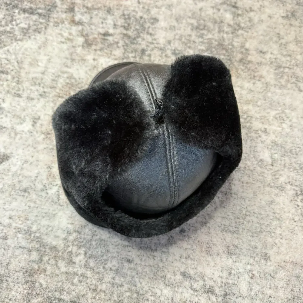 Faux Leather Faux Fur Trapper Aviator Hat Black Warm Winter Hat with Ear Flaps
